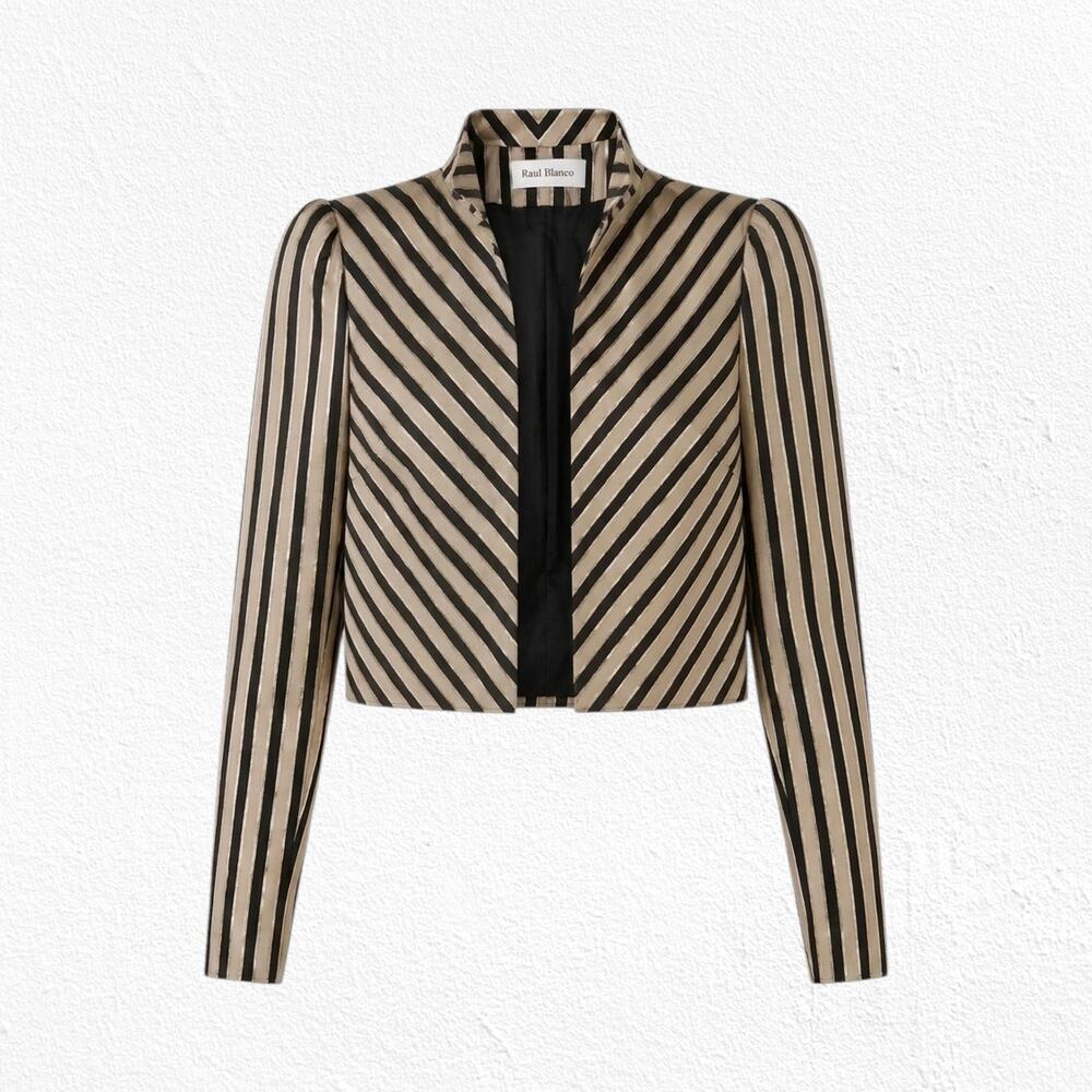 Vintage 80s Raul Blanco Gold Black Striped Silk Blend Cropped Blazer Size 12